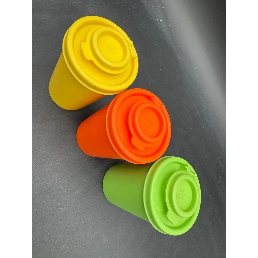 Vtg Tupperware Spice Shakers #102 w Flip Top Lids NOS Orange Yellow Green Set/3